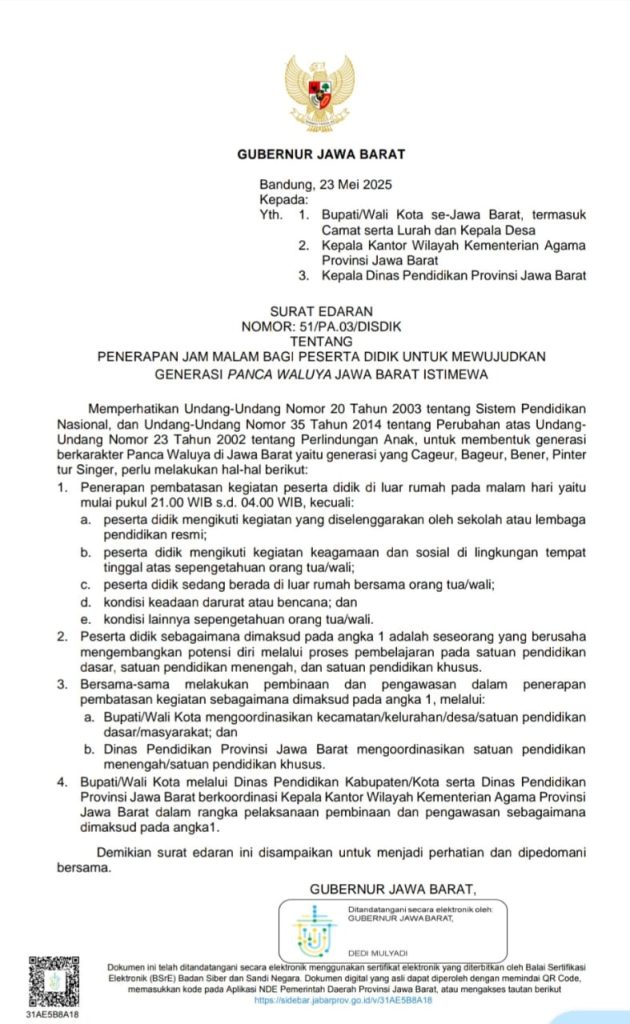 Himbauan untuk Orang Tua
Pastikan anak sudah ada di rumah pukul 21.00
Berdasarkan Surat Edaran Gubernur Jawa Barat Nomor 51/PA.03/DISDIK tentang penerapan jam malam bagi peserta didik untuk mewujudkan generasi Panca Waluya Jawa Barat Istimewa